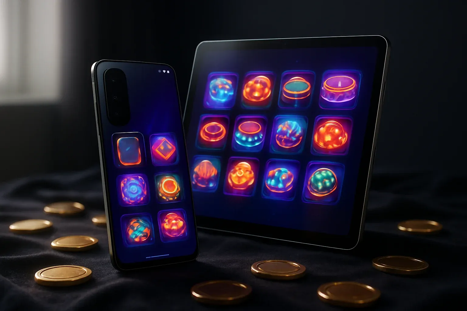 Hyperrealistic phone and tablet showing glowing casino app UI on velvet