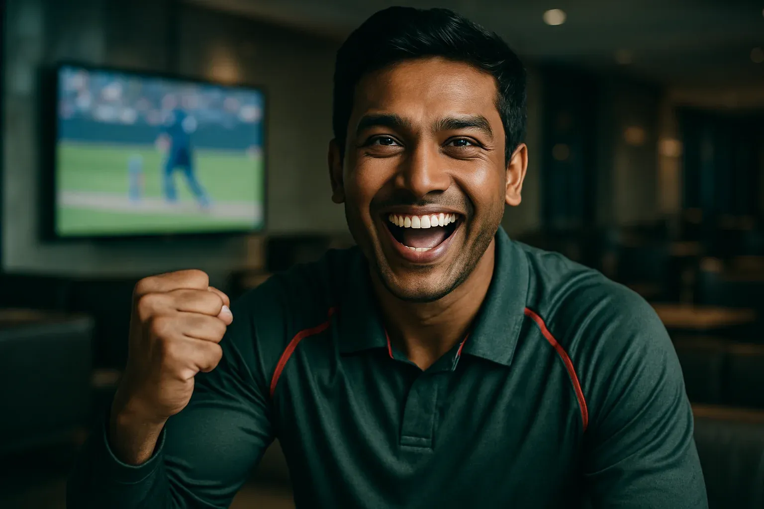 Bangladeshi male athlete celebrating bet win in modern sports lounge