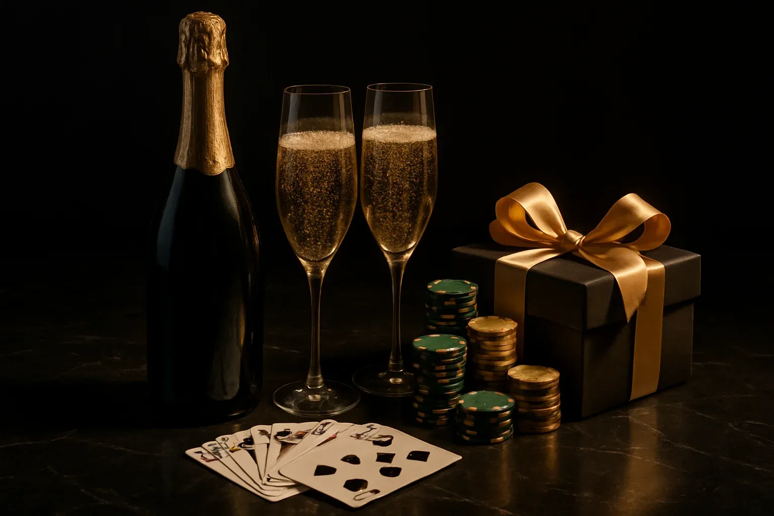 Champagne bottle, crystal flutes, casino chips, playing cards, and glowing gift box
