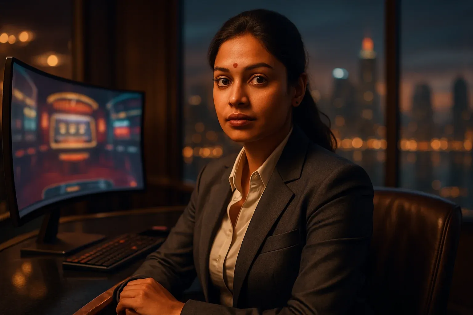 Confident Bangladeshi businesswoman at high-tech casino registration desk at dusk