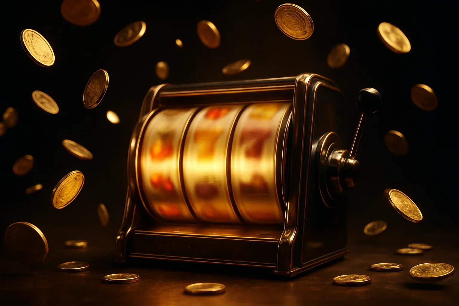 Hyperrealistic slot machine reels spinning with flying gold coins in dark studio lighting