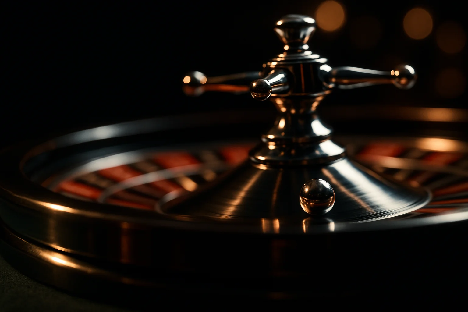 Hyperrealistic macro shot of live casino roulette wheel mid-spin with chrome ball