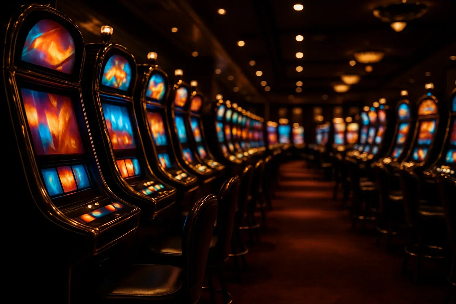 Hyperrealistic wide shot of opulent casino slot machine hall with glowing machines